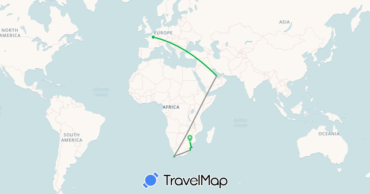 TravelMap itinerary: bus, plane in France, Qatar, Swaziland, South Africa (Africa, Asia, Europe)